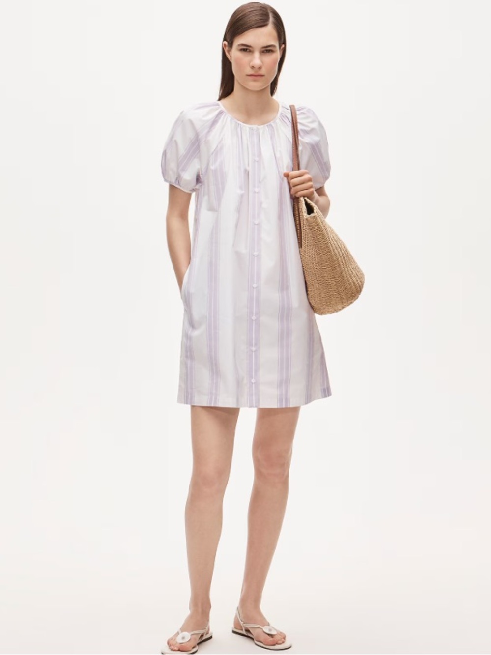 J crew white warm lilac Puff-sleeve popover dress in stripe